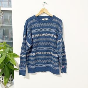 Cedar Creek Vintage Blue & White Knit Grandpa Sweater Size Large